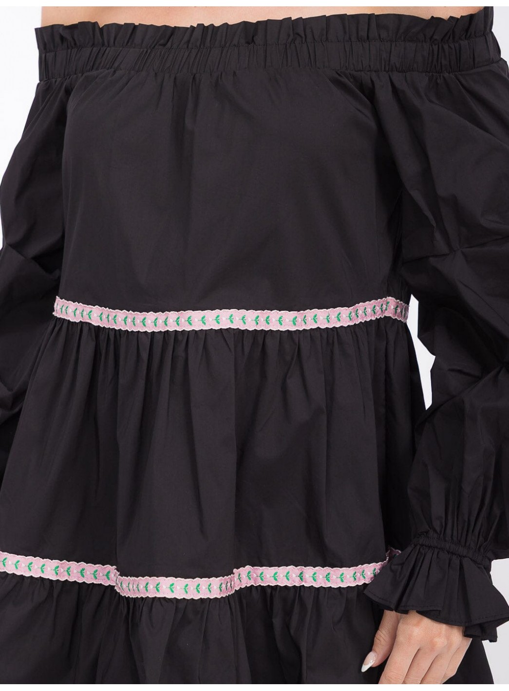 WOMEN'S LONG SLEEVE OFF SHOULDER TRIM DETAILED TIERED MINI DRESS