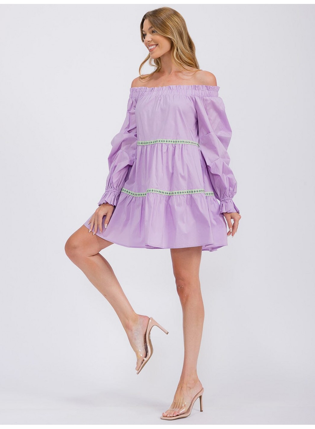 WOMEN'S LONG SLEEVE OFF SHOULDER TRIM DETAILED TIERED MINI DRESS