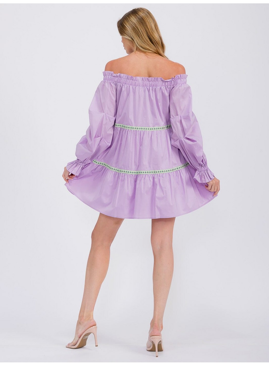 WOMEN'S LONG SLEEVE OFF SHOULDER TRIM DETAILED TIERED MINI DRESS