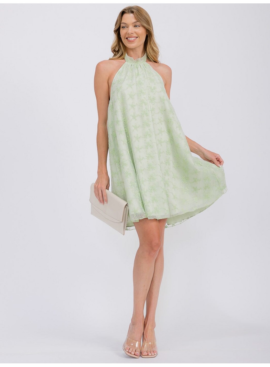 WOMEN'S SLEEVELESS HALTER NECK CROCHET FLORAL MINI DRESS