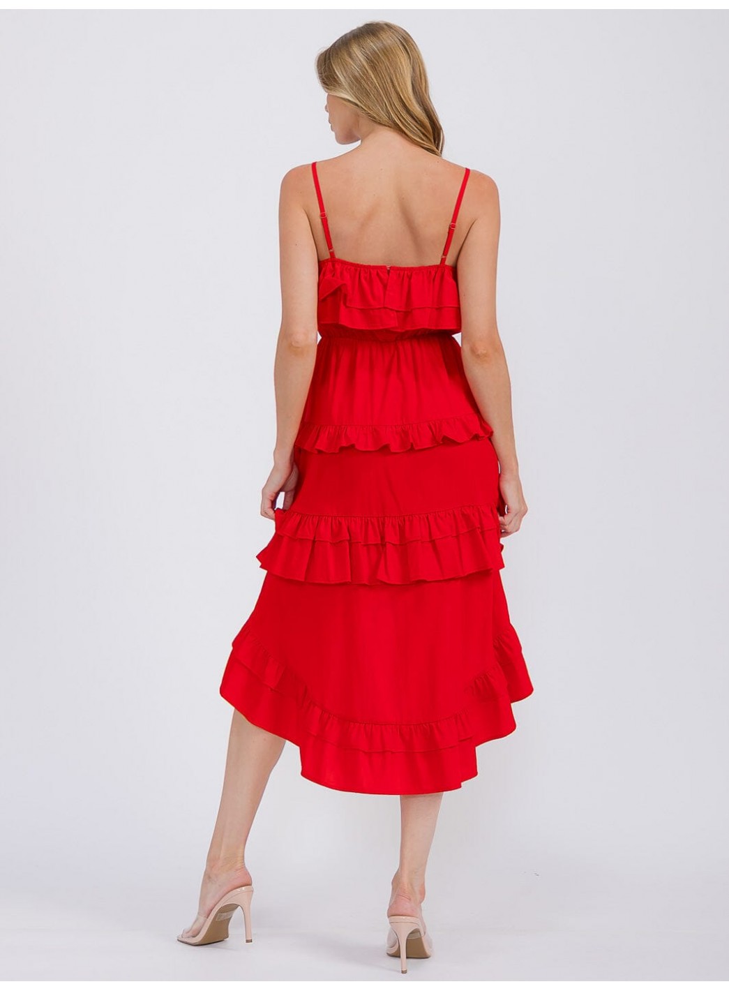 WOMEN'S SLEEVELESS RUFFLE TIERED HIGH-LOW MIDI DRESS