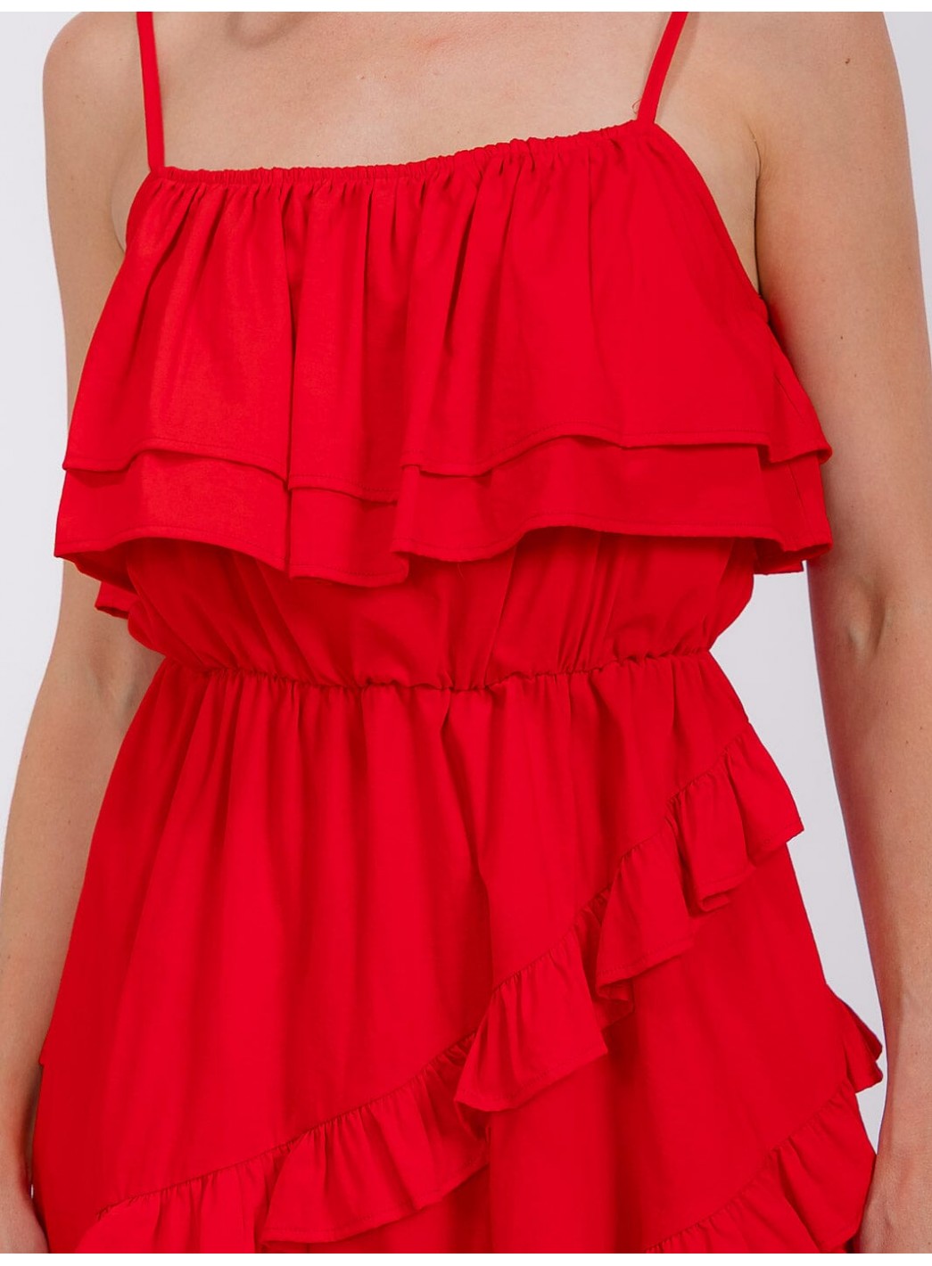 WOMEN'S SLEEVELESS RUFFLE TIERED HIGH-LOW MIDI DRESS