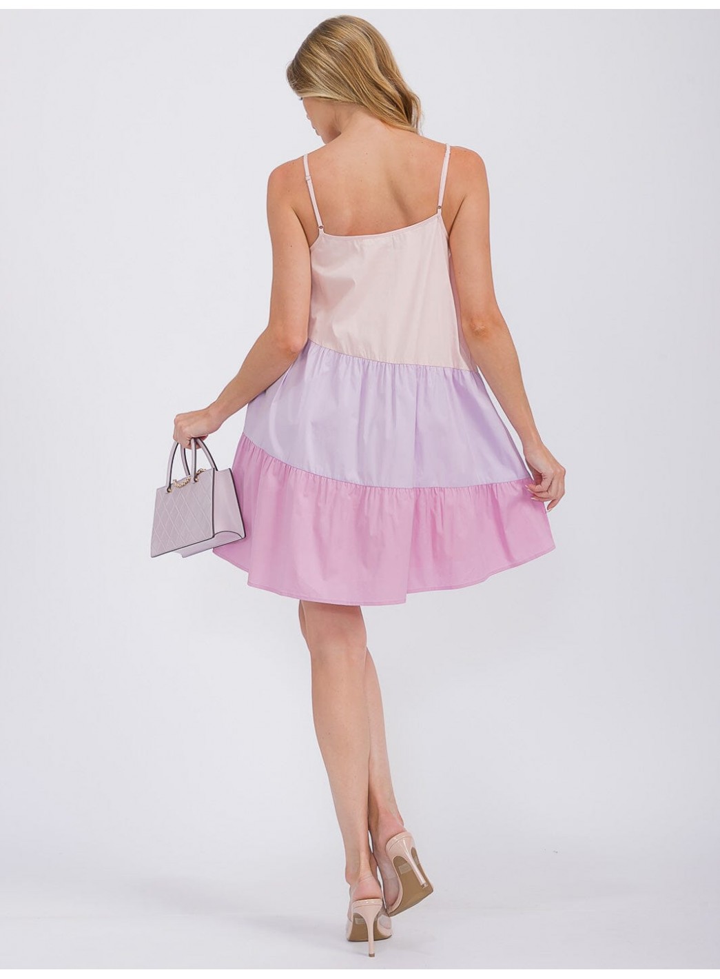 WOMEN'S SLEEVELESS TIERED FRONT POCKETS COLORBLOCK TUNIC MINI DRESS