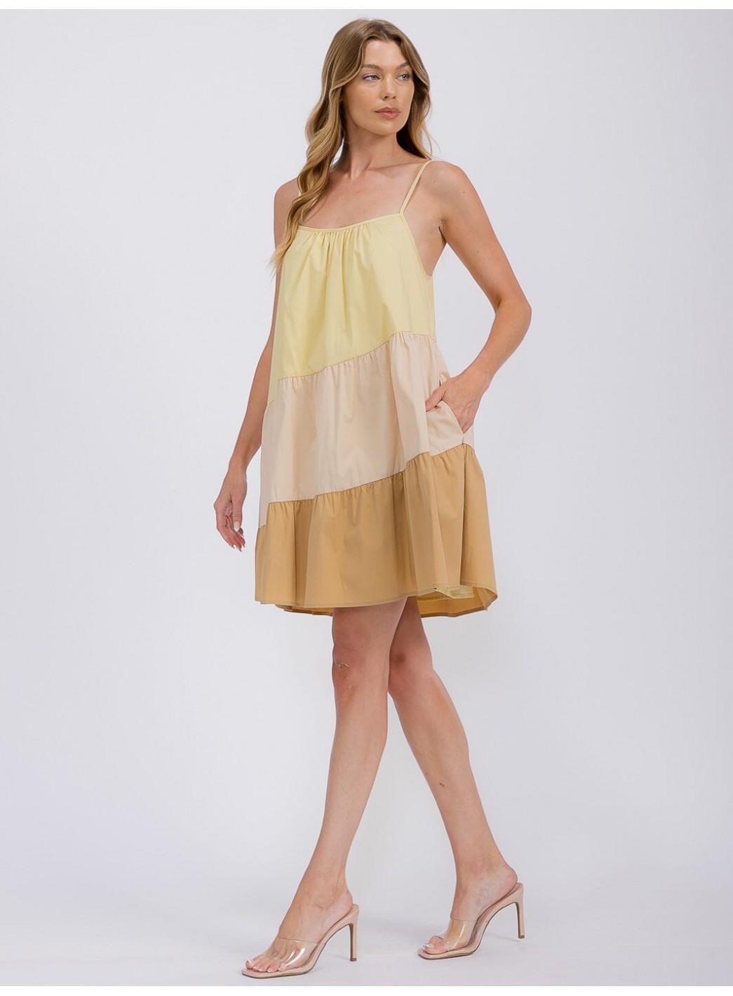 WOMEN'S SLEEVELESS TIERED FRONT POCKETS COLORBLOCK TUNIC MINI DRESS