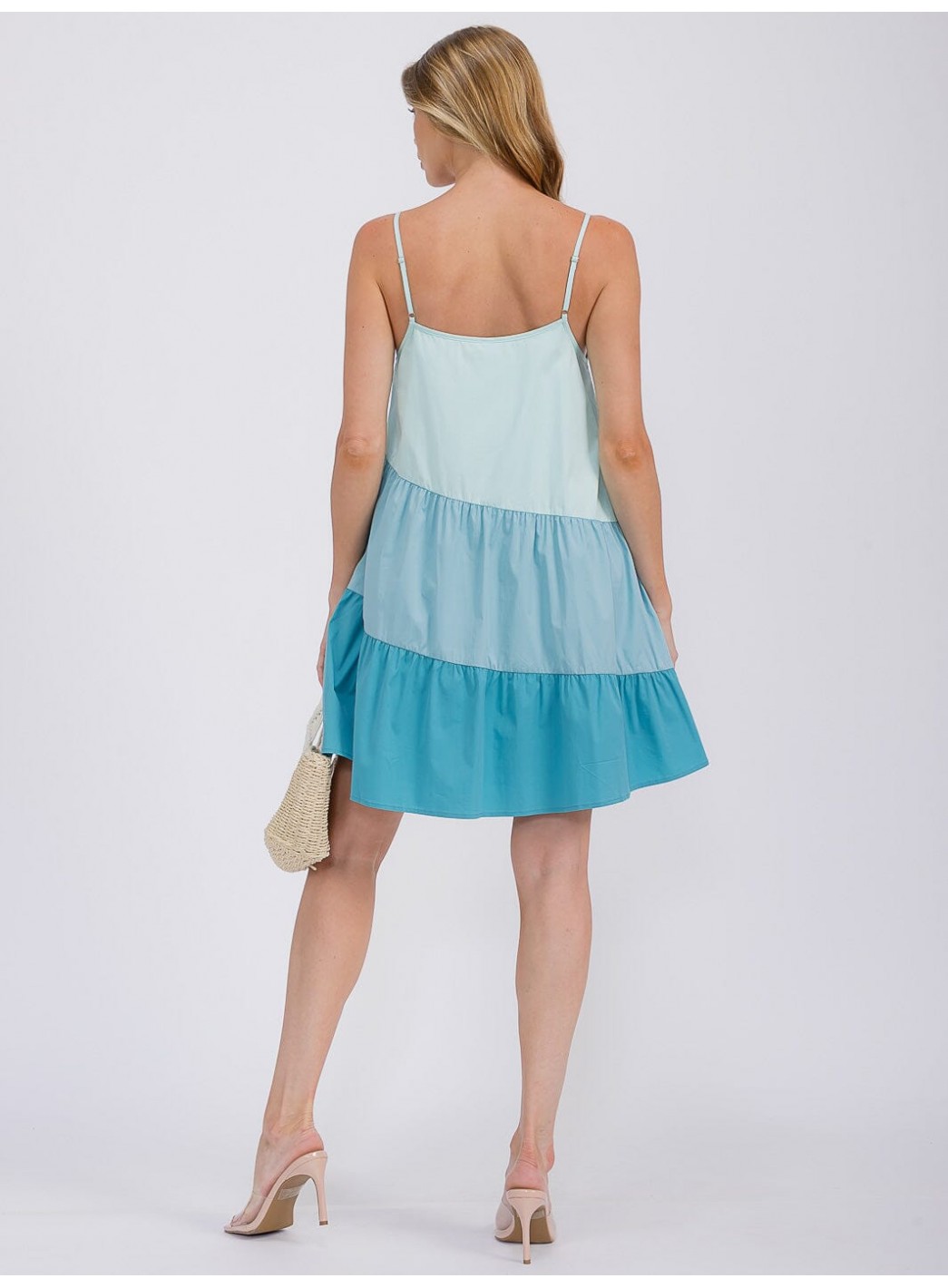 WOMEN'S SLEEVELESS TIERED FRONT POCKETS COLORBLOCK TUNIC MINI DRESS