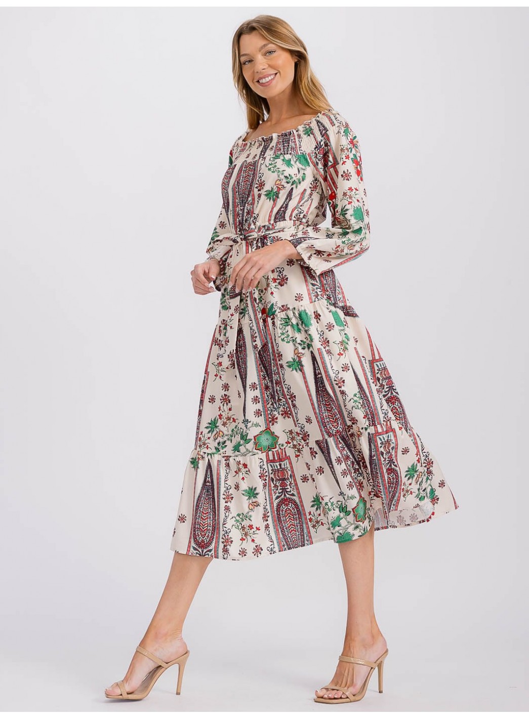WOMEN'S LONG SLEEVE ELASTIC WAIST SELF TIE PRINTED MIDI DRESS