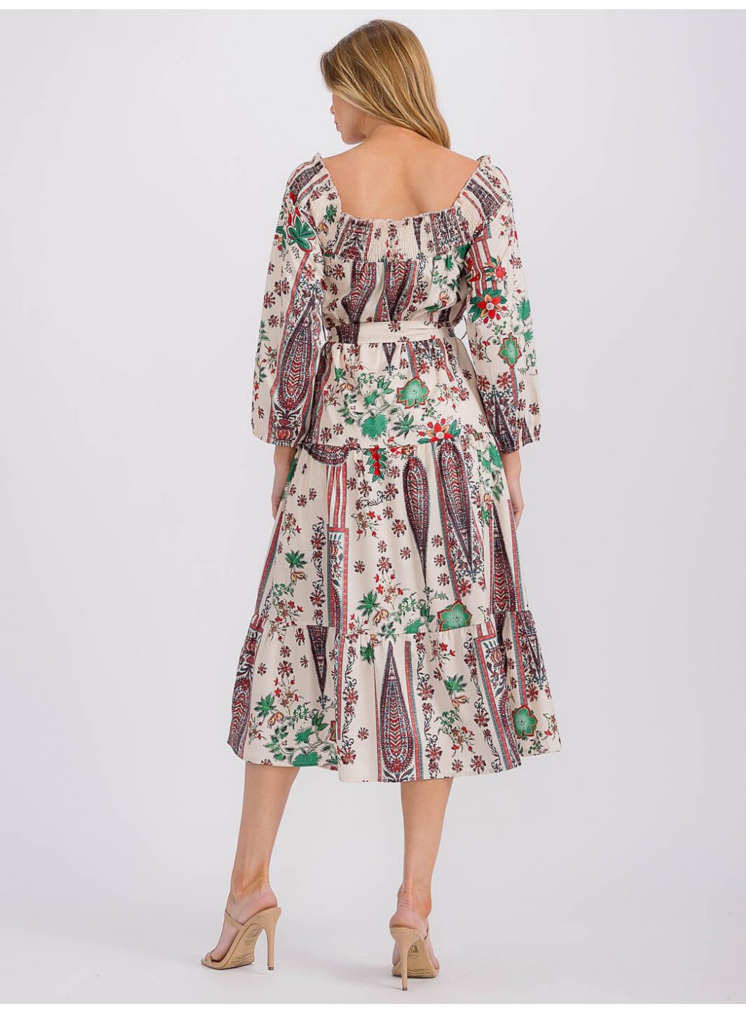 WOMEN'S LONG SLEEVE ELASTIC WAIST SELF TIE PRINTED MIDI DRESS