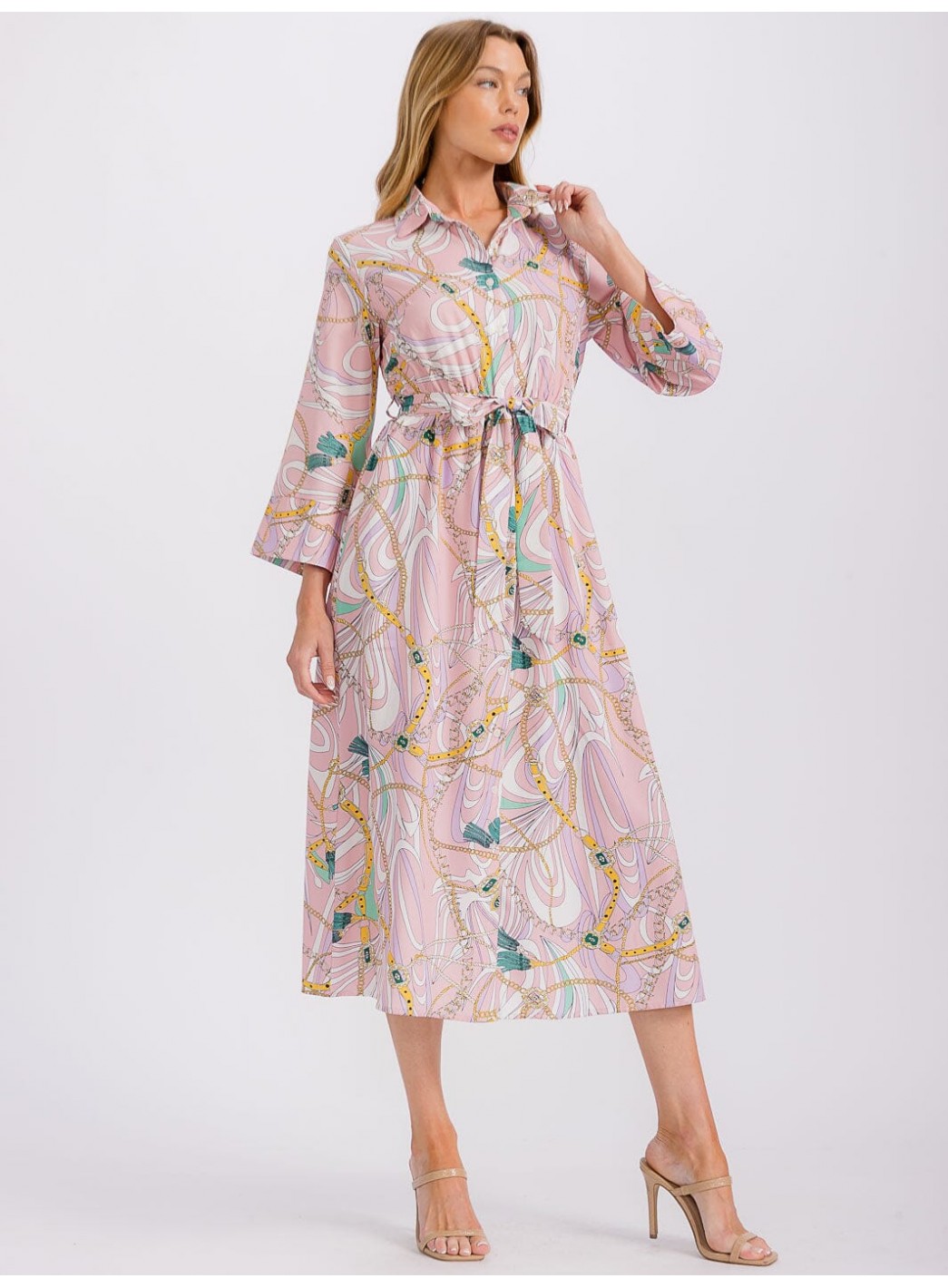 WOMEN'S LONG SLEEVE BUTTON CLOSURE SELF TIE PRINTED MIDI DRESS