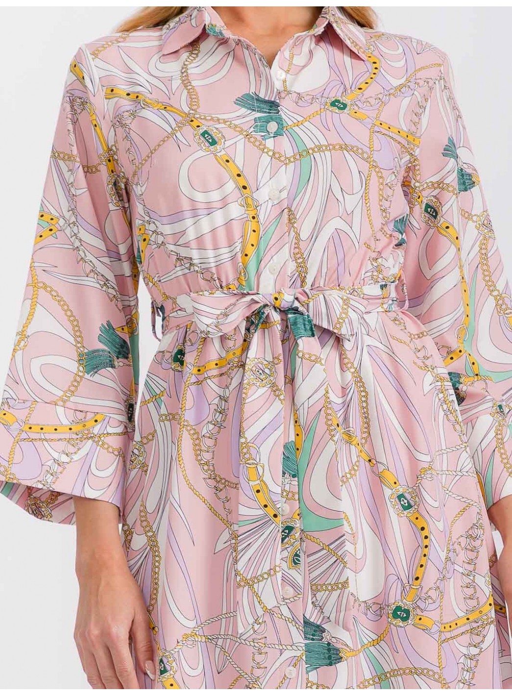 WOMEN'S LONG SLEEVE BUTTON CLOSURE SELF TIE PRINTED MIDI DRESS