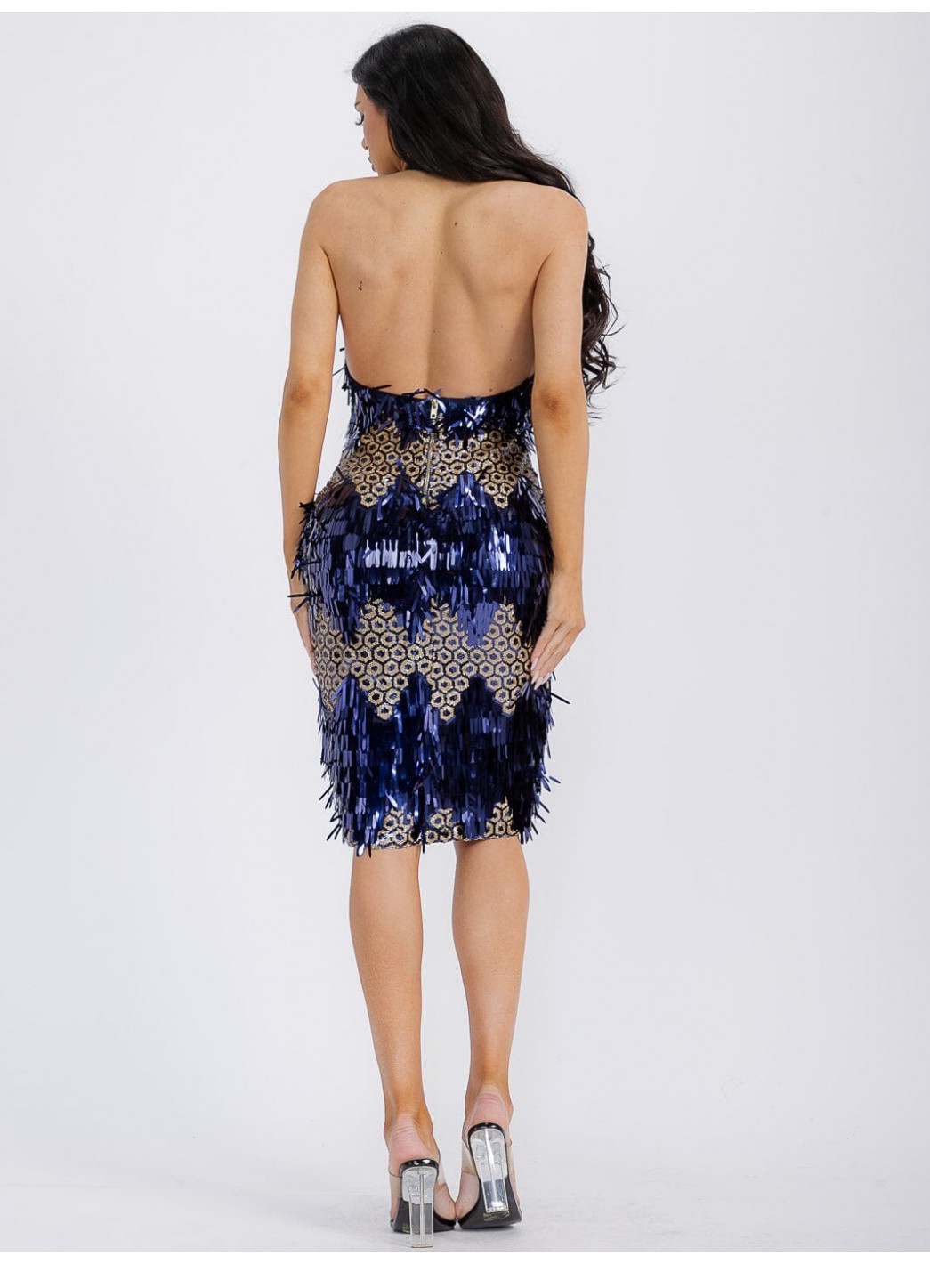 WOMEN'S SLEEVELESS HALTER NECK OPEN BACK BODYCON SEQUINS MIDI DRESS