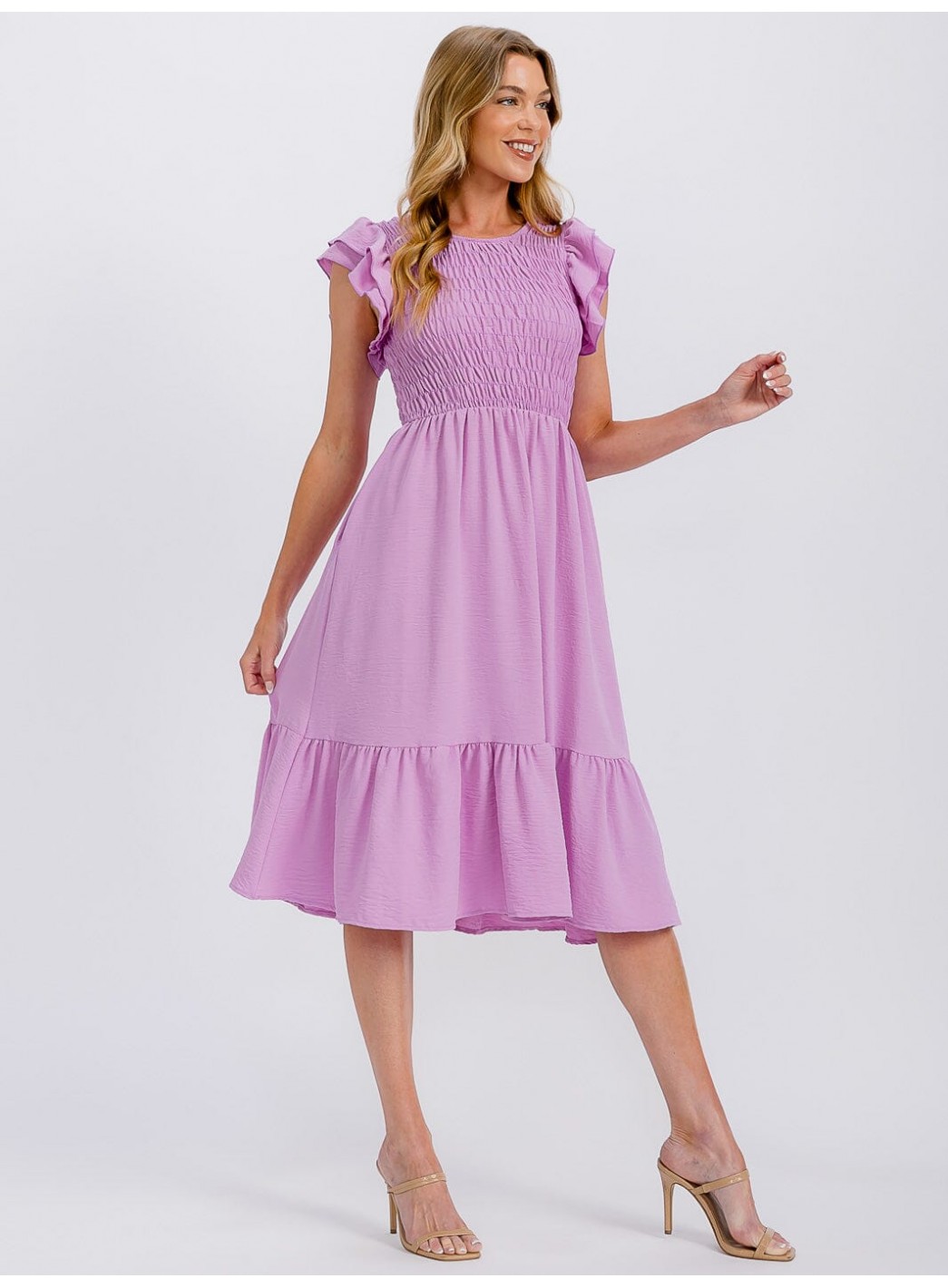 WOMEN'S RUFFLE SLEEVE FRONT POCKETS SMOCK RUFFLE BOTTOM HEM MIDI DRESS