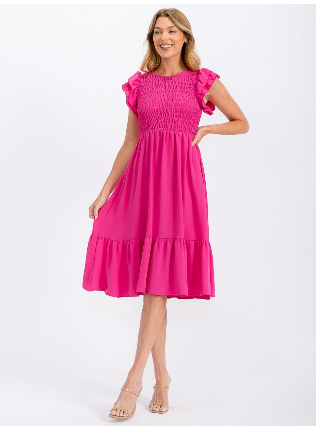 WOMEN'S RUFFLE SLEEVE FRONT POCKETS SMOCK RUFFLE BOTTOM HEM MIDI DRESS