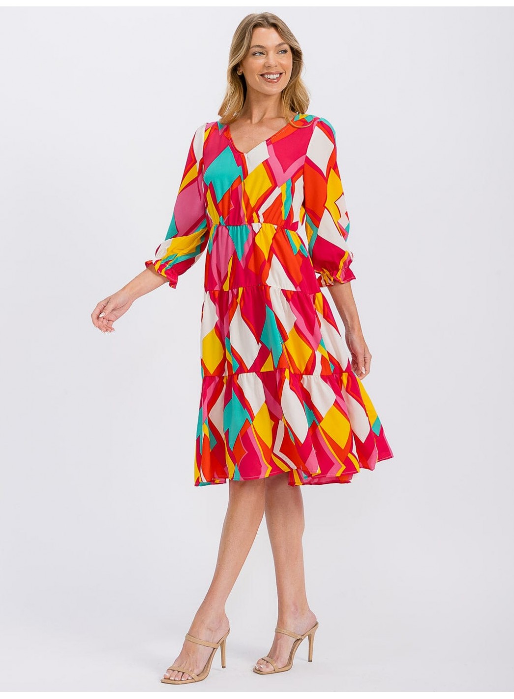 WOMEN'S 3/4 SLEEVE V-NECK ELASTIC WAIST ...