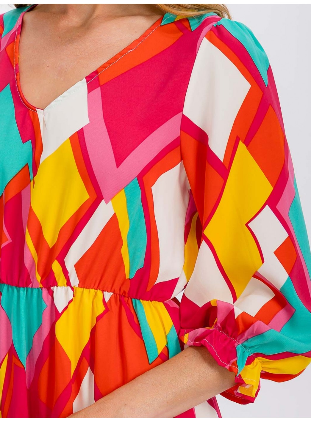 WOMEN'S 3/4 SLEEVE V-NECK ELASTIC WAIST MULTI PRINT MIDI DRESS