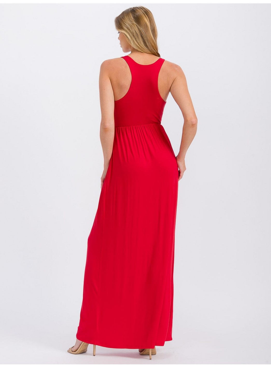 WOMEN'S SLEEVELESS ELASTIC WAIST FRONT POCKETS MAXI DRESS