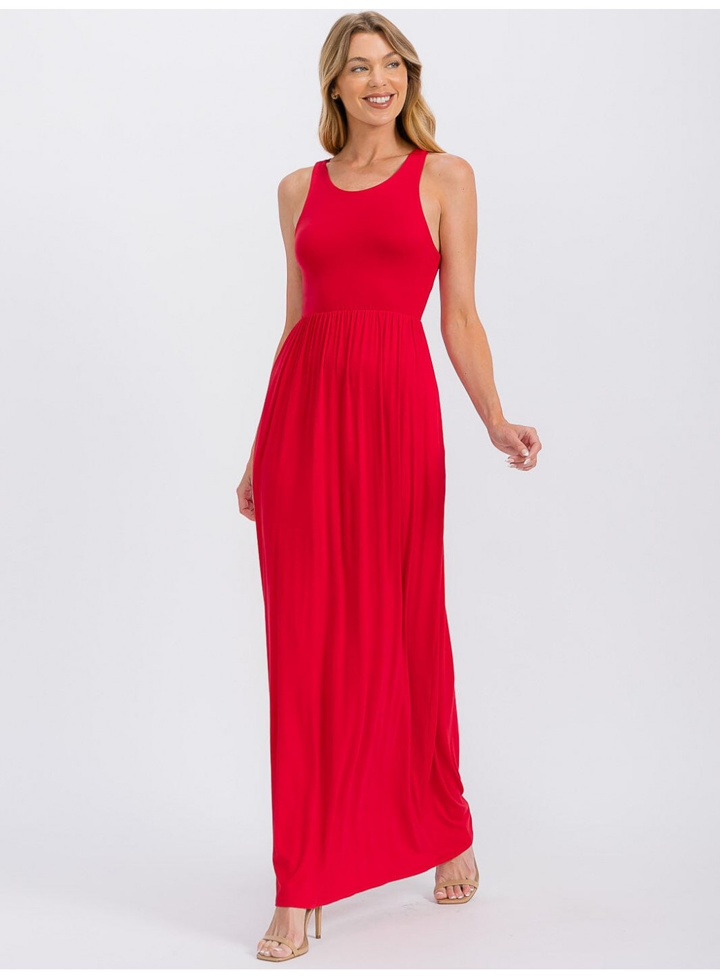 WOMEN'S SLEEVELESS ELASTIC WAIST FRONT POCKETS MAXI DRESS