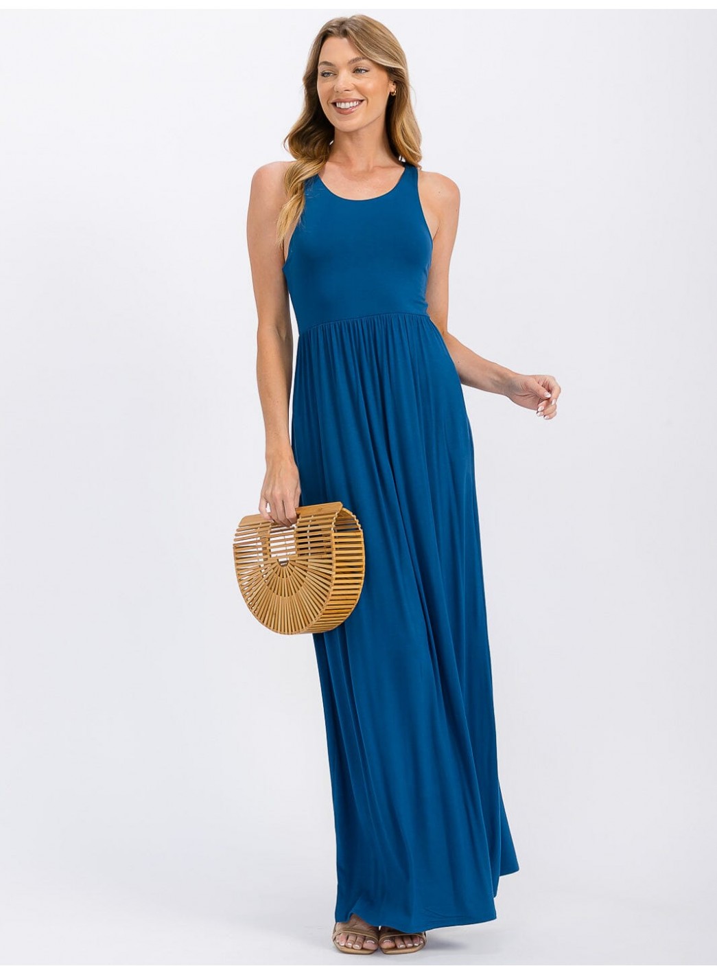 WOMEN'S SLEEVELESS ELASTIC WAIST FRONT POCKETS MAXI DRESS