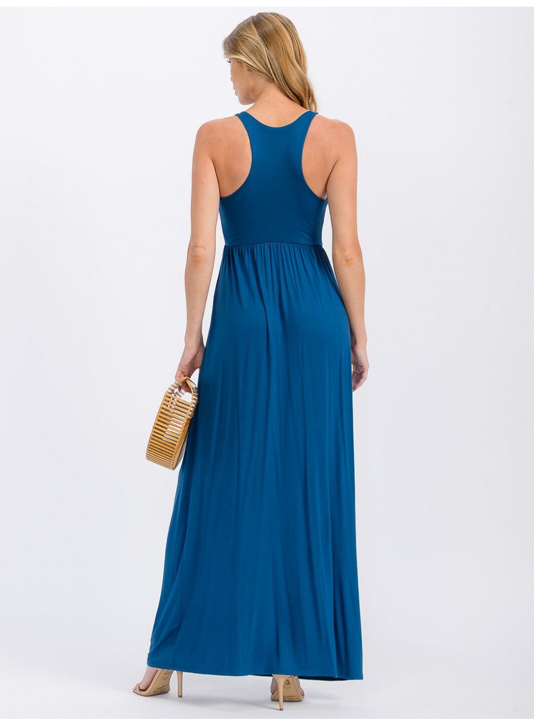 WOMEN'S SLEEVELESS ELASTIC WAIST FRONT POCKETS MAXI DRESS