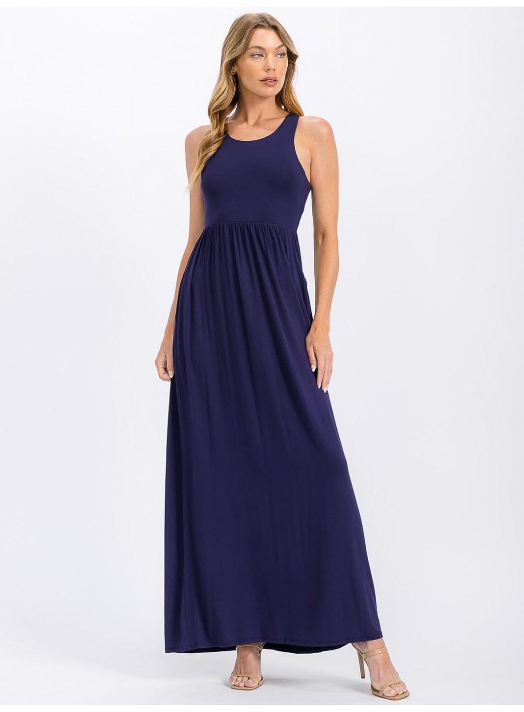 WOMEN'S SLEEVELESS ELASTIC WAIST FRONT POCKETS MAXI DRESS