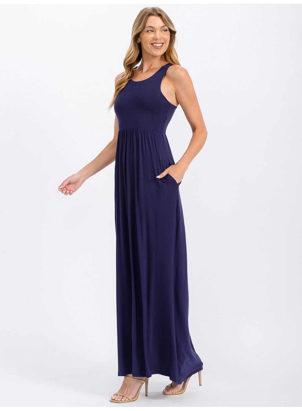 WOMEN'S SLEEVELESS ELASTIC WAIST FRONT POCKETS MAXI DRESS