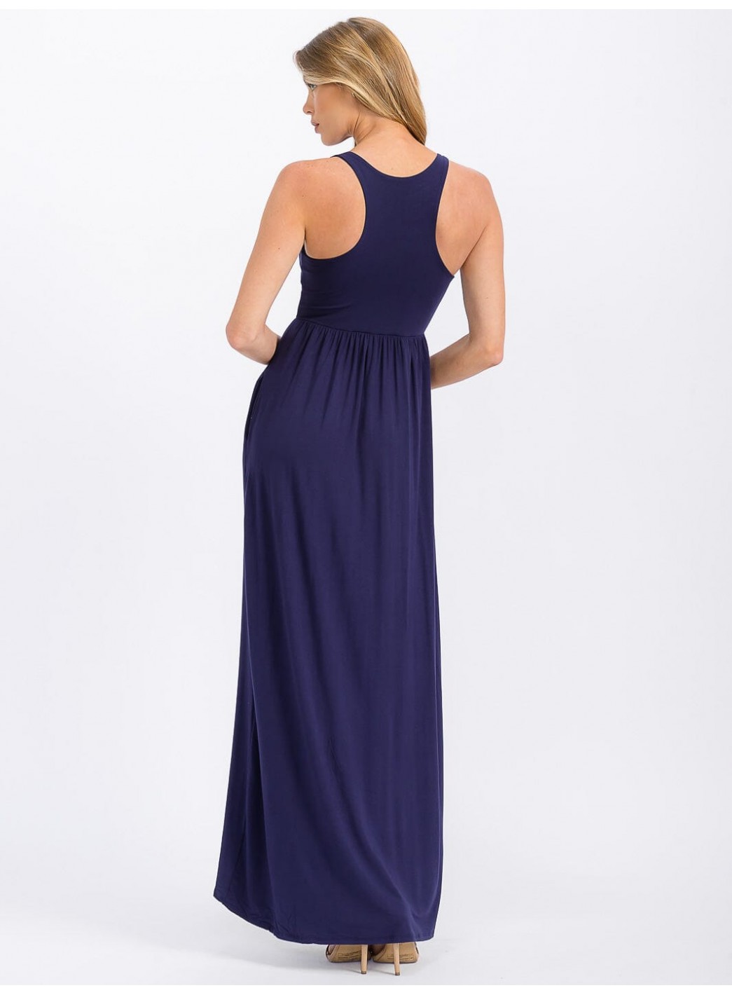 WOMEN'S SLEEVELESS ELASTIC WAIST FRONT POCKETS MAXI DRESS
