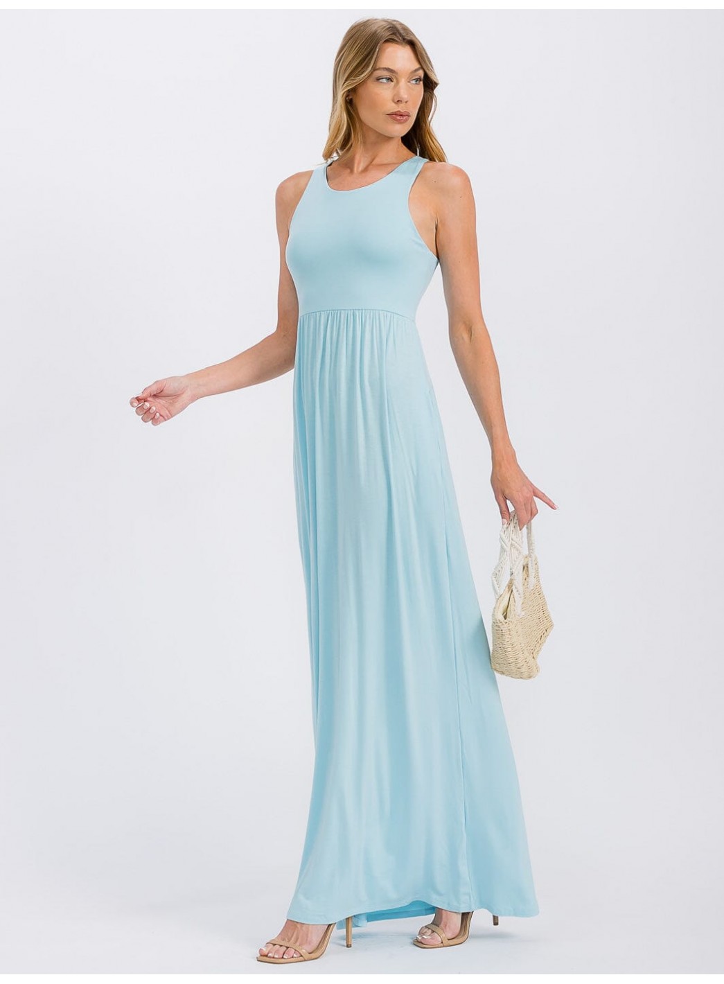 WOMEN'S SLEEVELESS ELASTIC WAIST FRONT POCKETS MAXI DRESS