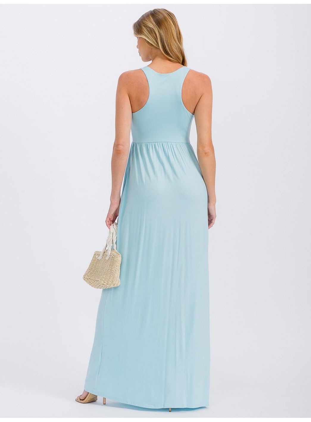 WOMEN'S SLEEVELESS ELASTIC WAIST FRONT POCKETS MAXI DRESS