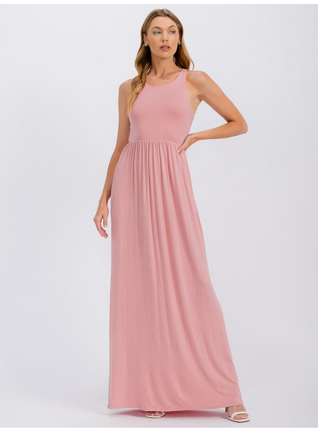 WOMEN'S SLEEVELESS ELASTIC WAIST FRONT POCKETS MAXI DRESS