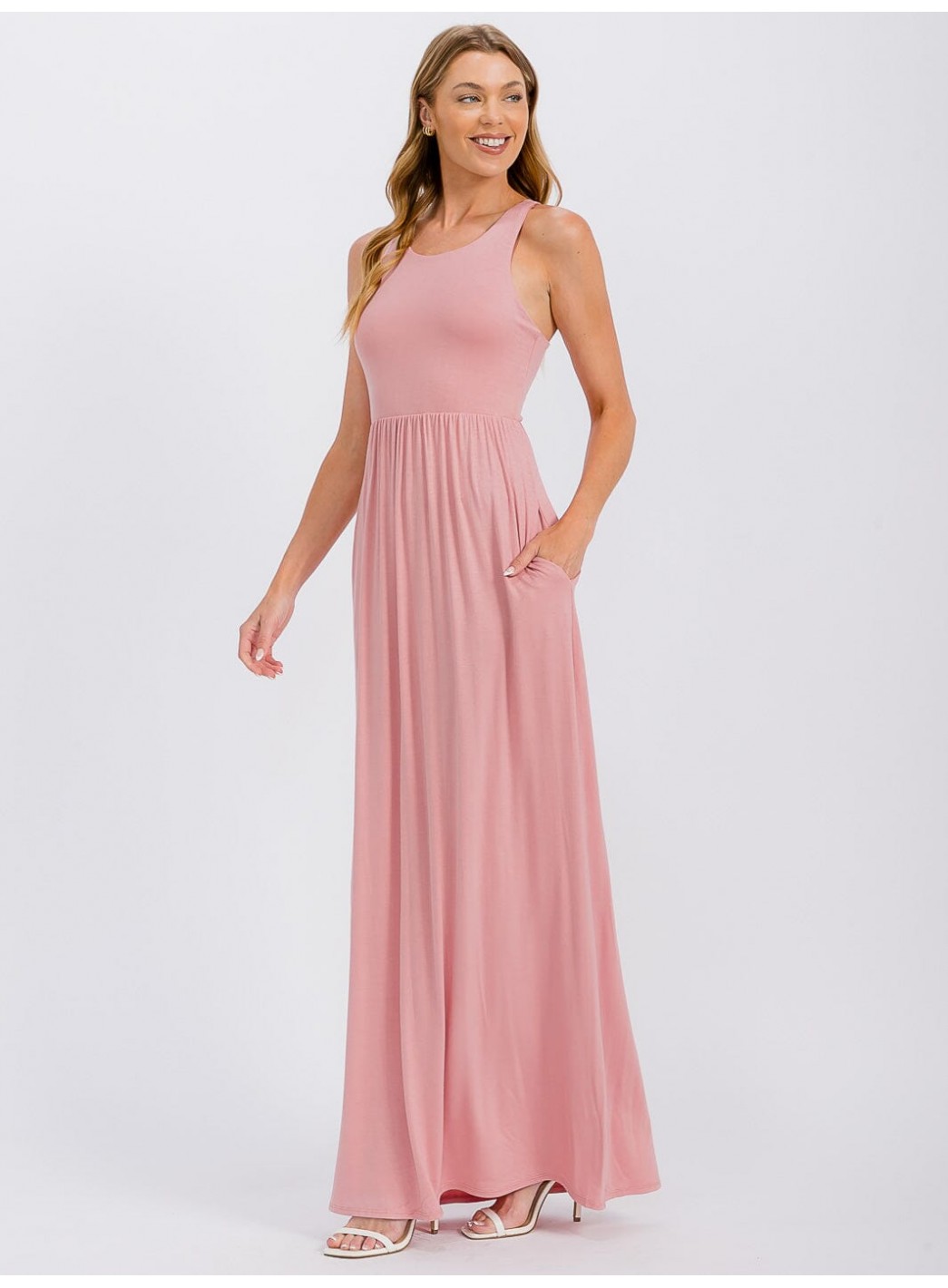 WOMEN'S SLEEVELESS ELASTIC WAIST FRONT POCKETS MAXI DRESS