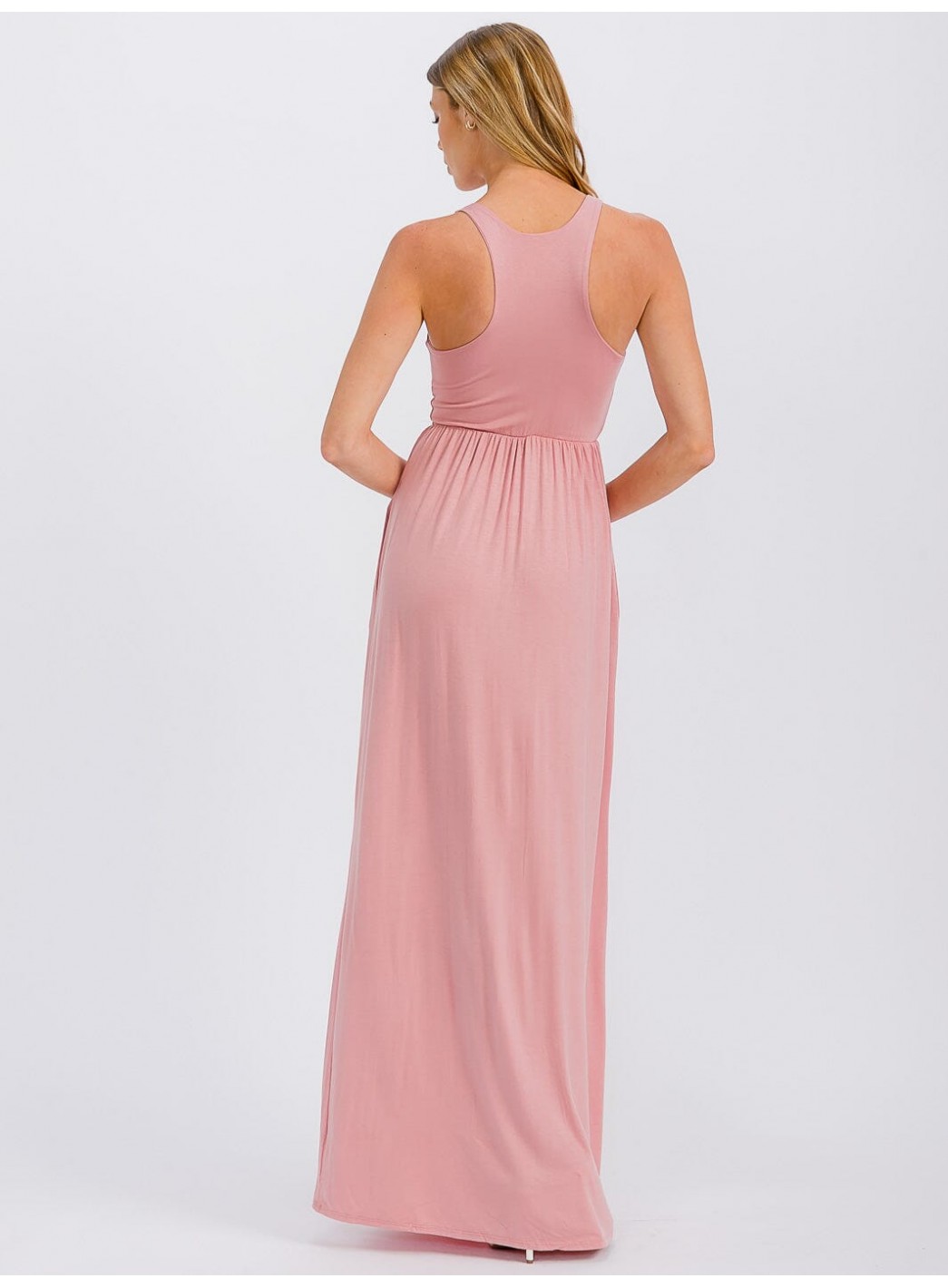 WOMEN'S SLEEVELESS ELASTIC WAIST FRONT POCKETS MAXI DRESS