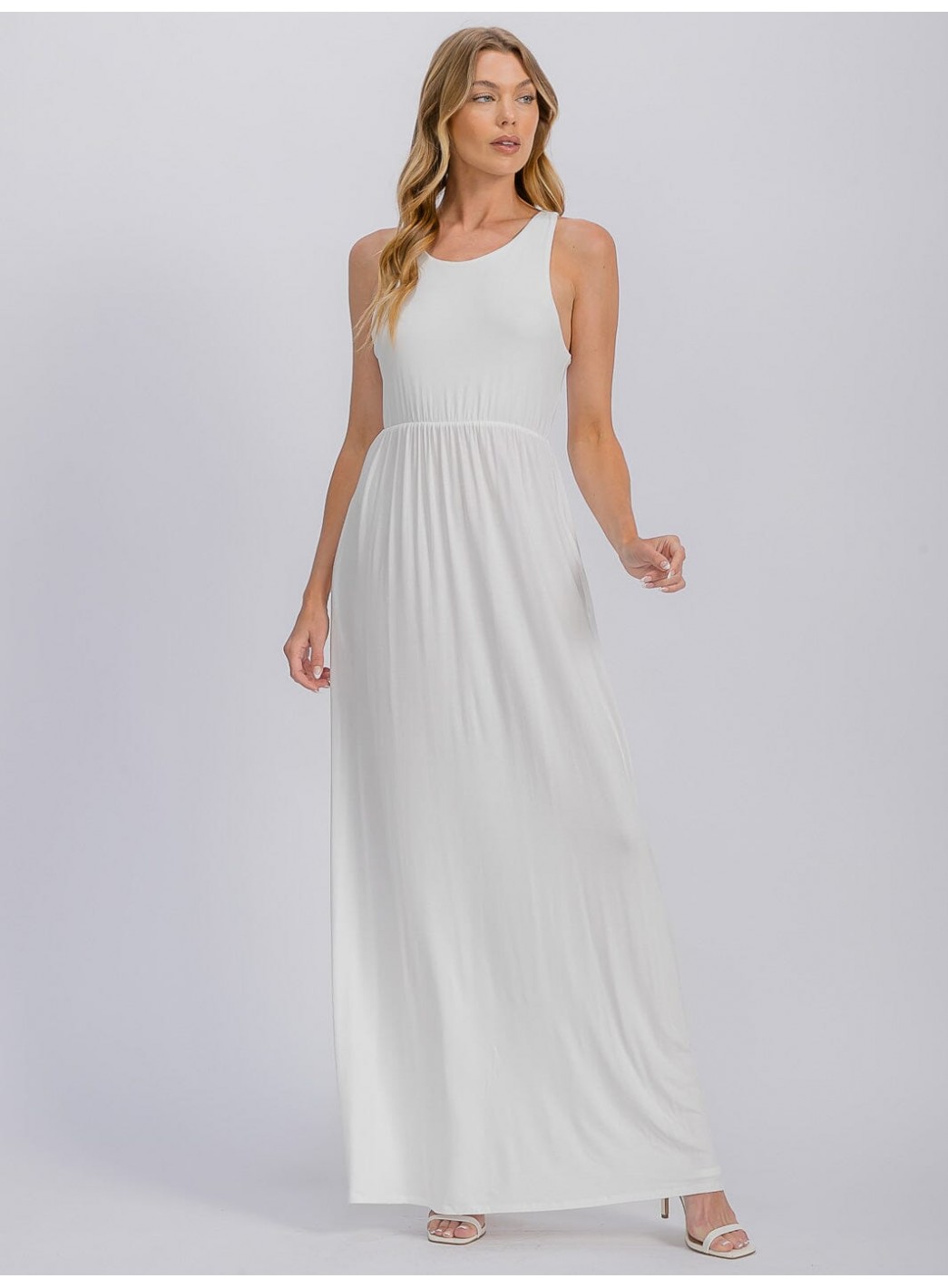 WOMEN'S SLEEVELESS ELASTIC WAIST FRONT POCKETS MAXI DRESS