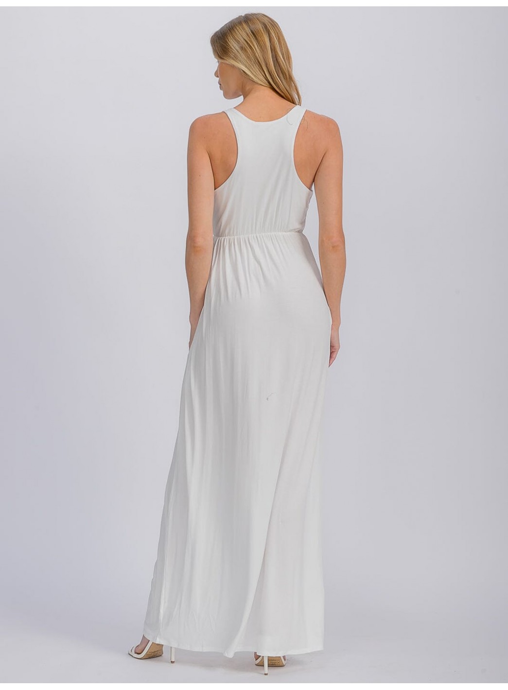 WOMEN'S SLEEVELESS ELASTIC WAIST FRONT POCKETS MAXI DRESS