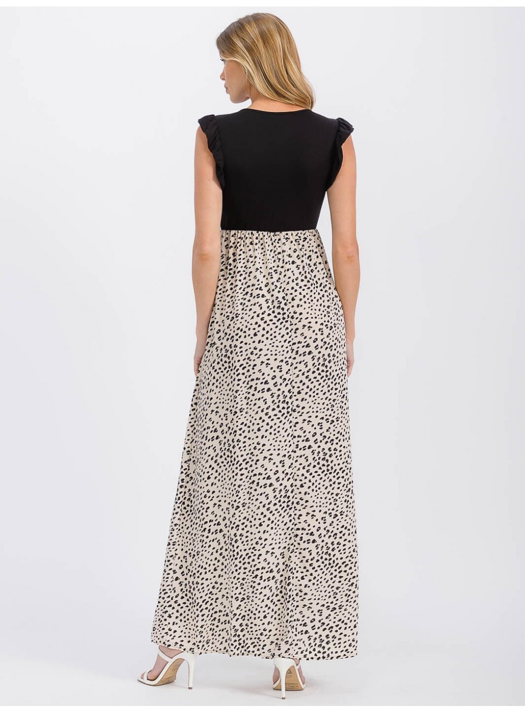 WOMEN'S SLEEVELESS ELASTIC WAIST RUFFLE ANIMAL PRINT CONTRAST MAXI DRESS