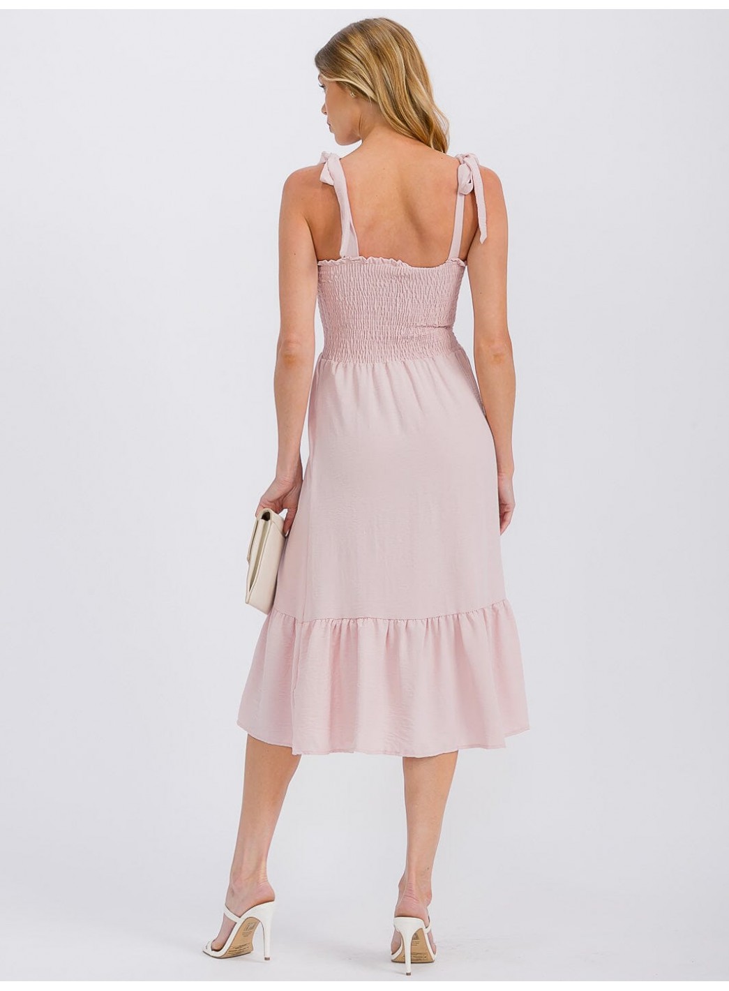 WOMEN'S SLEEVELESS ADJUSTABLE STRAPS SMOCK RUFFLE BOTTOM HEM MIDI DRESS