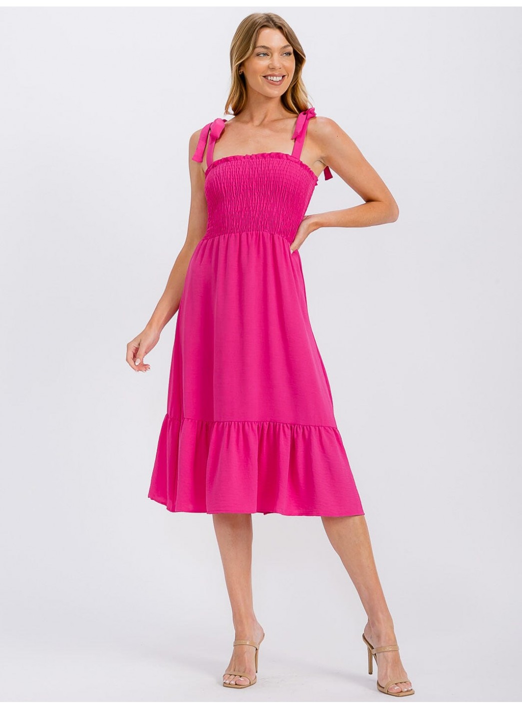 WOMEN'S SLEEVELESS ADJUSTABLE STRAPS SMOCK RUFFLE BOTTOM HEM MIDI DRESS