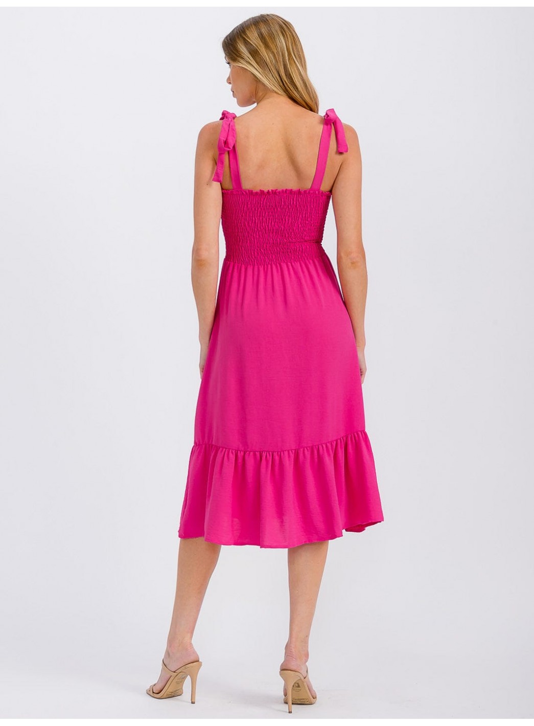 WOMEN'S SLEEVELESS ADJUSTABLE STRAPS SMOCK RUFFLE BOTTOM HEM MIDI DRESS