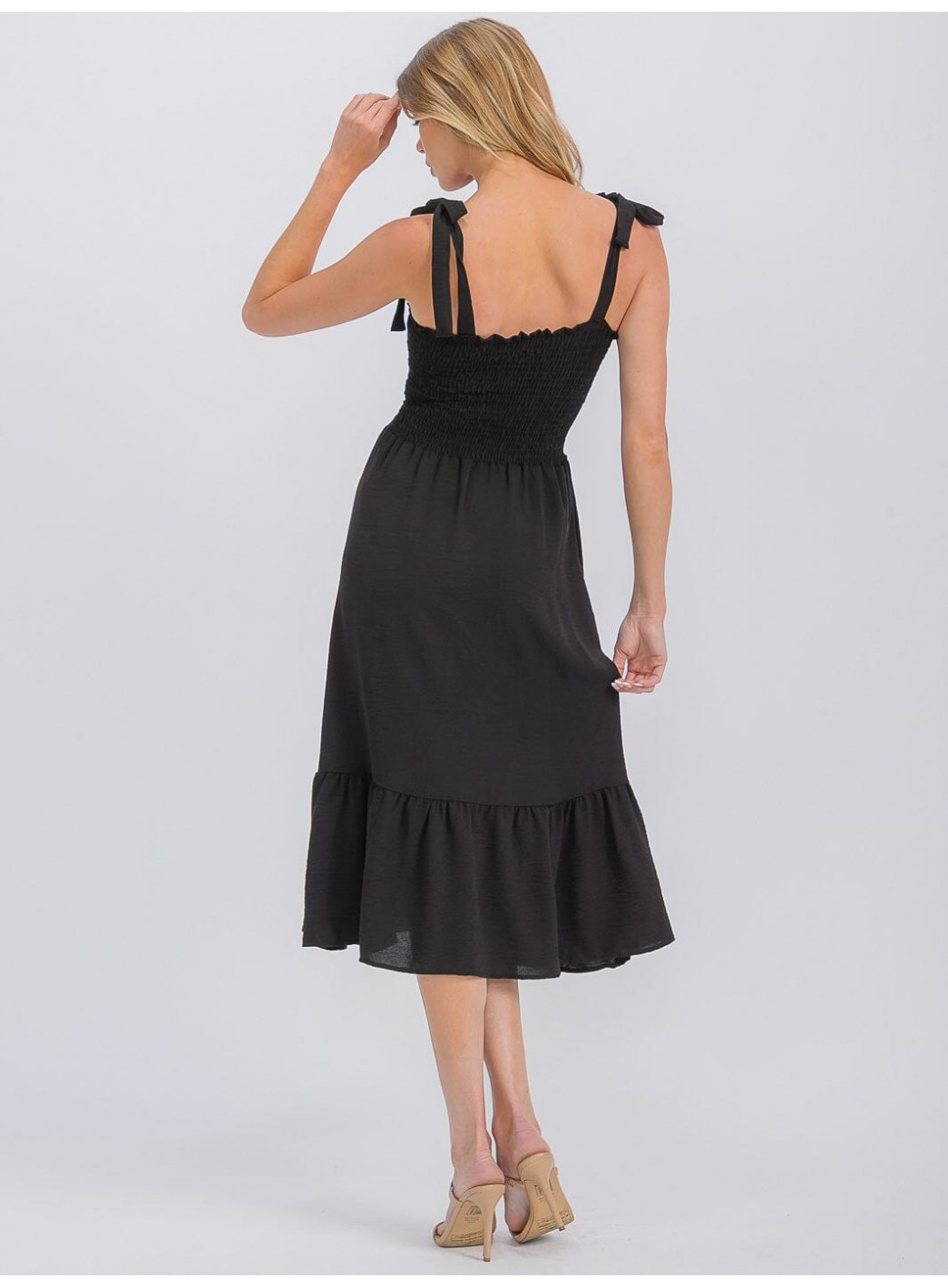 WOMEN'S SLEEVELESS ADJUSTABLE STRAPS SMOCK RUFFLE BOTTOM HEM MIDI DRESS