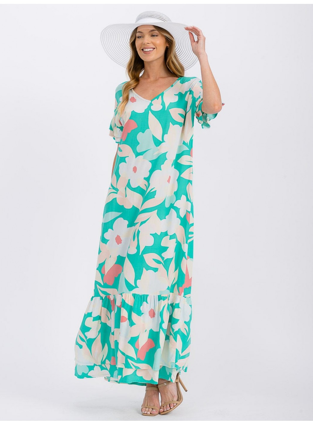 WOMEN'S SHORT SLEEVE V-NECK LOOSE FIT FLORAL MAXI DRESS