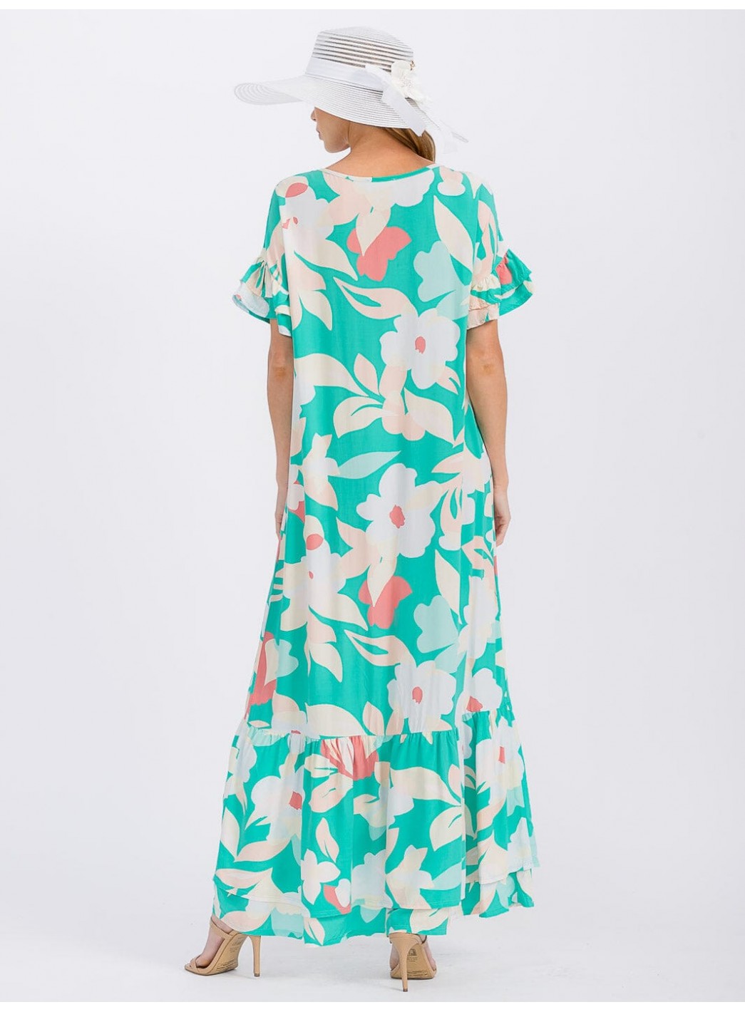 WOMEN'S SHORT SLEEVE V-NECK LOOSE FIT FLORAL MAXI DRESS