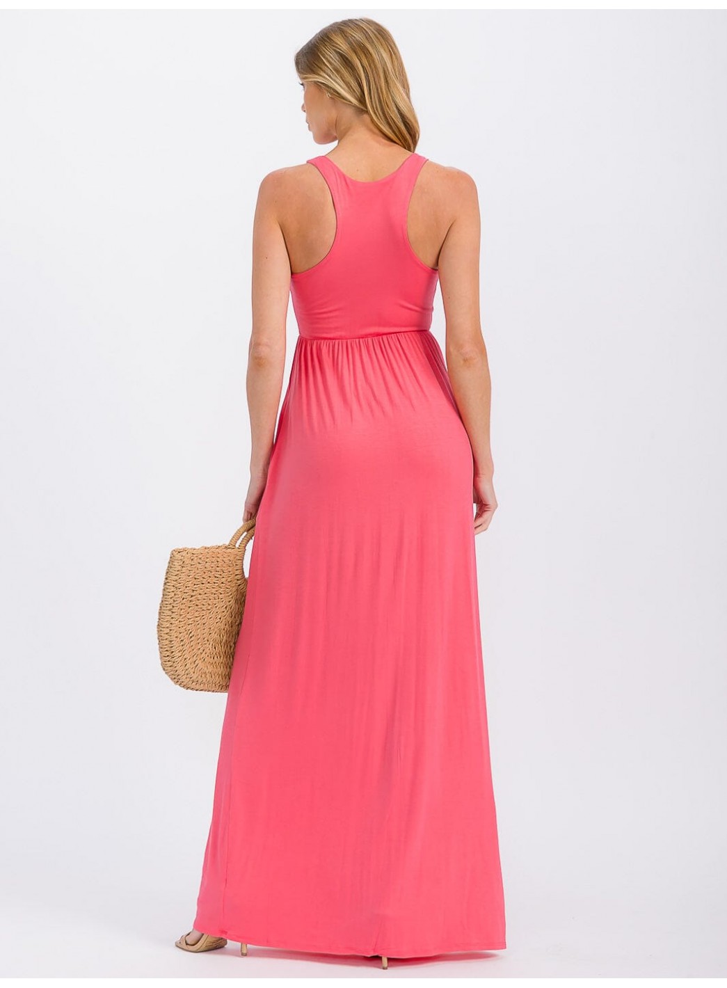 WOMEN'S SLEEVELESS ELASTIC WAIST FRONT POCKETS MAXI DRESS