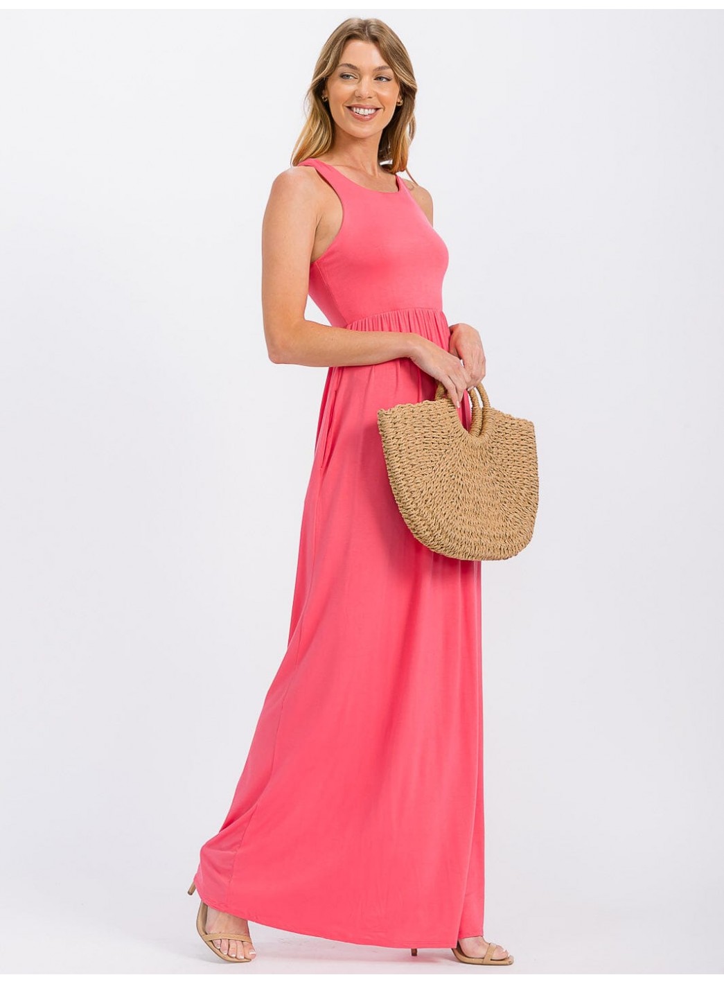 WOMEN'S SLEEVELESS ELASTIC WAIST FRONT POCKETS MAXI DRESS