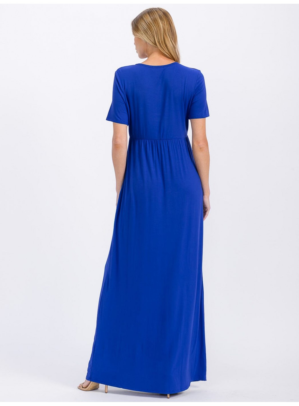 WOMEN'S SHORT SLEEVE ELASTIC WAIST FRONT POCKETS MAXI DRESS