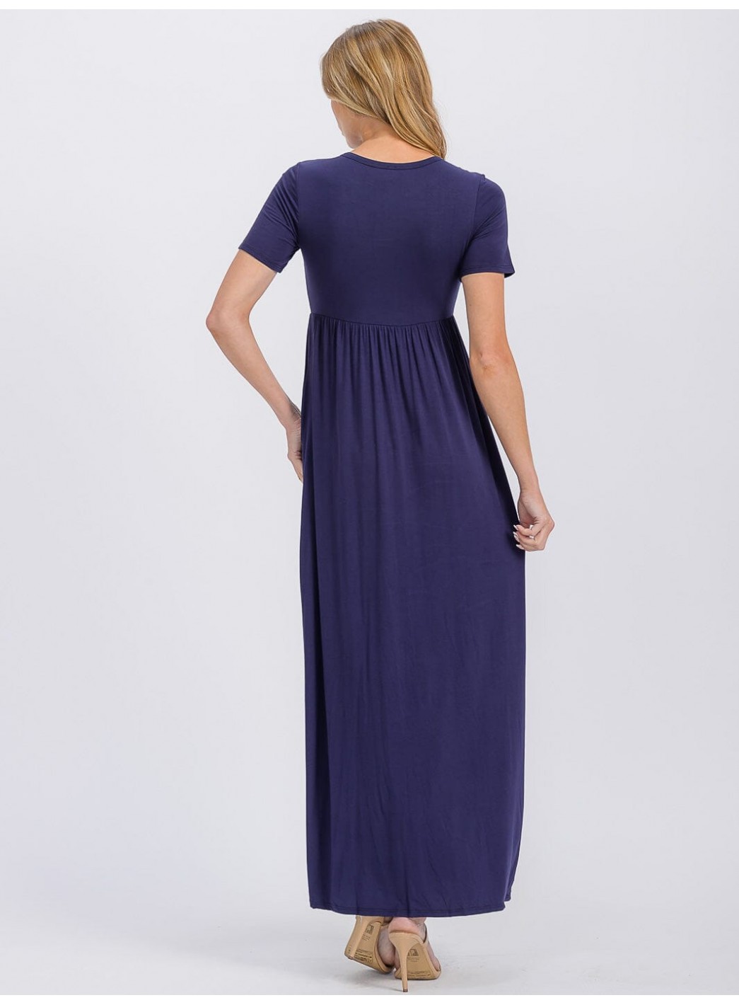 WOMEN'S SHORT SLEEVE ELASTIC WAIST FRONT POCKETS MAXI DRESS