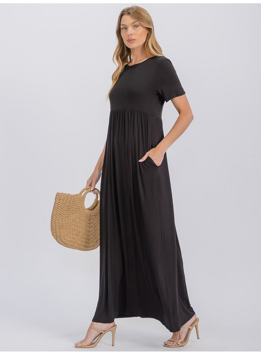 WOMEN'S SHORT SLEEVE ELASTIC WAIST FRONT POCKETS MAXI DRESS