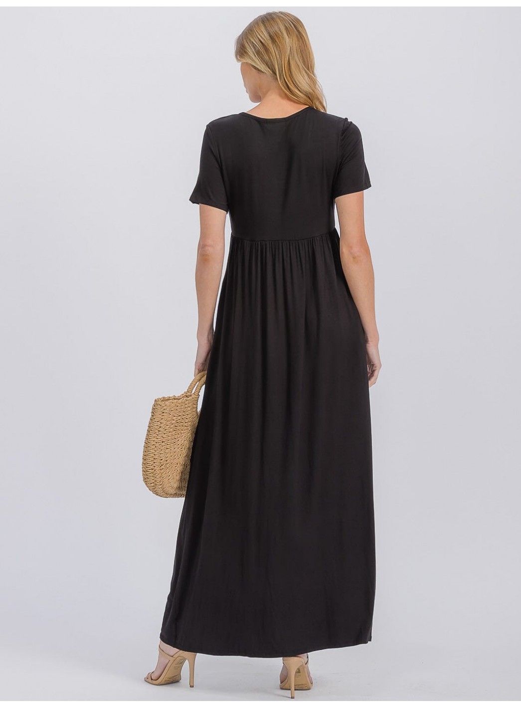 WOMEN'S SHORT SLEEVE ELASTIC WAIST FRONT POCKETS MAXI DRESS