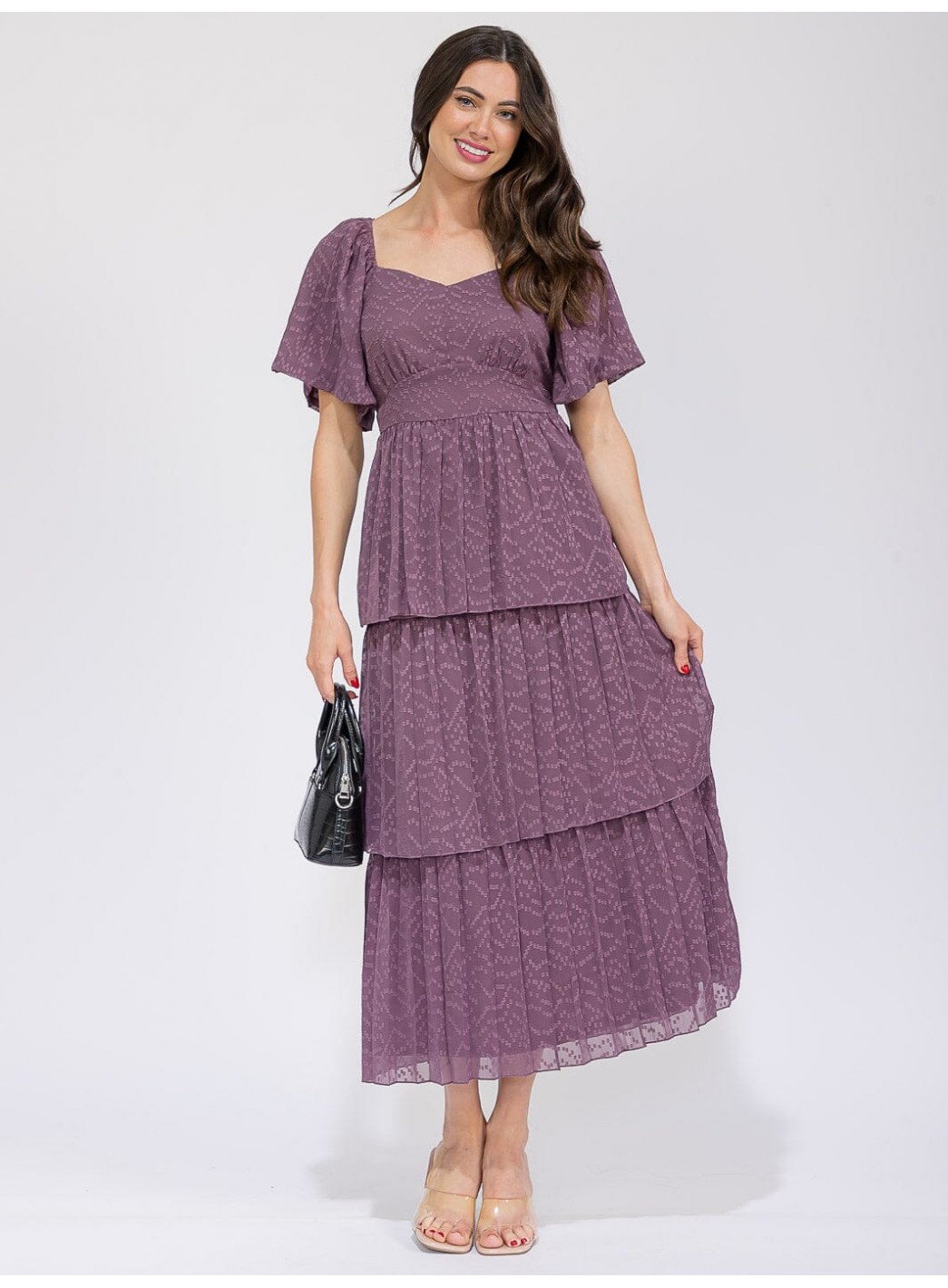 WOMEN'S SHORT SLEEVE V-NECK SWISS RUFFLE TIERED MAXI DRESS