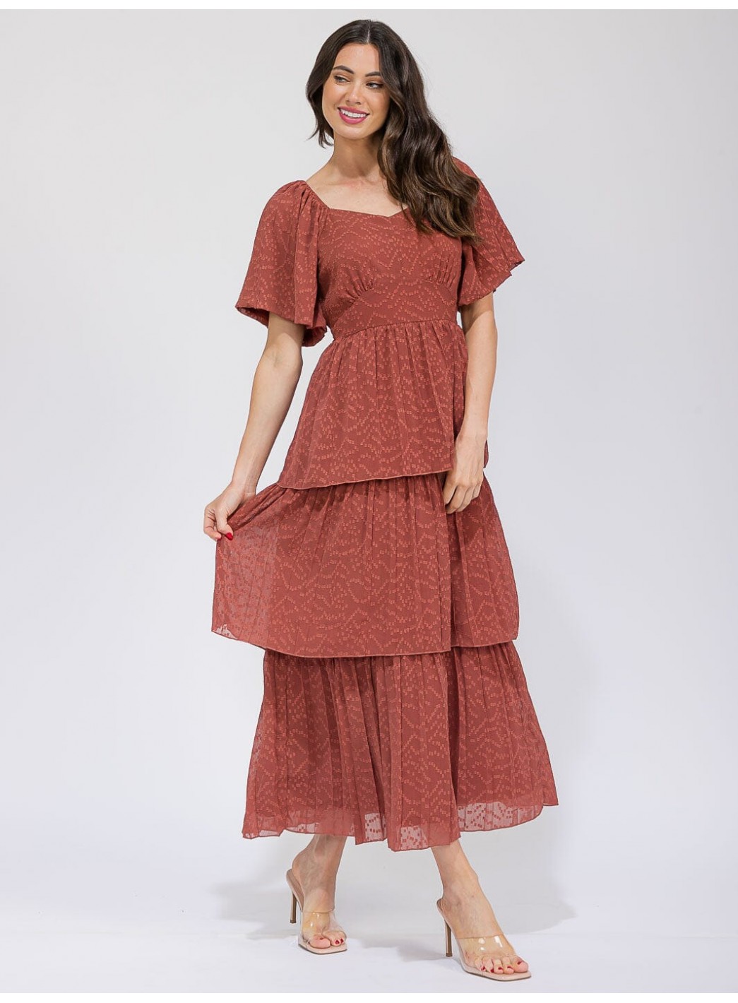 WOMEN'S SHORT SLEEVE V-NECK SWISS RUFFLE TIERED MAXI DRESS