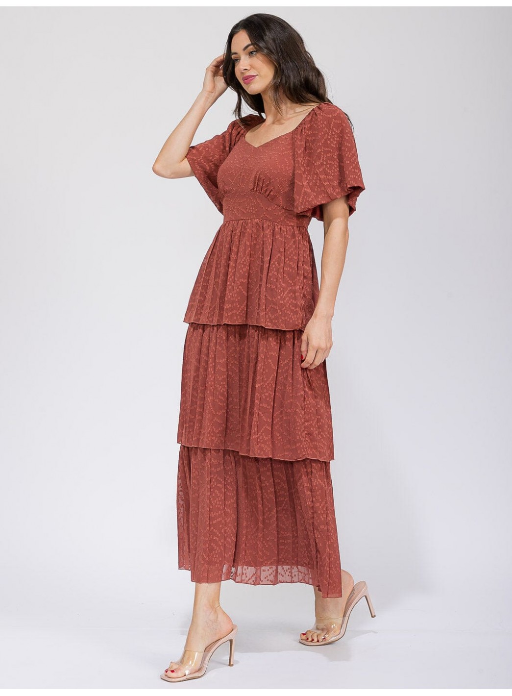 WOMEN'S SHORT SLEEVE V-NECK SWISS RUFFLE TIERED MAXI DRESS