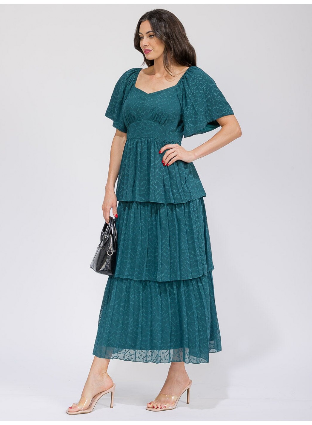 WOMEN'S SHORT SLEEVE V-NECK SWISS RUFFLE TIERED MAXI DRESS