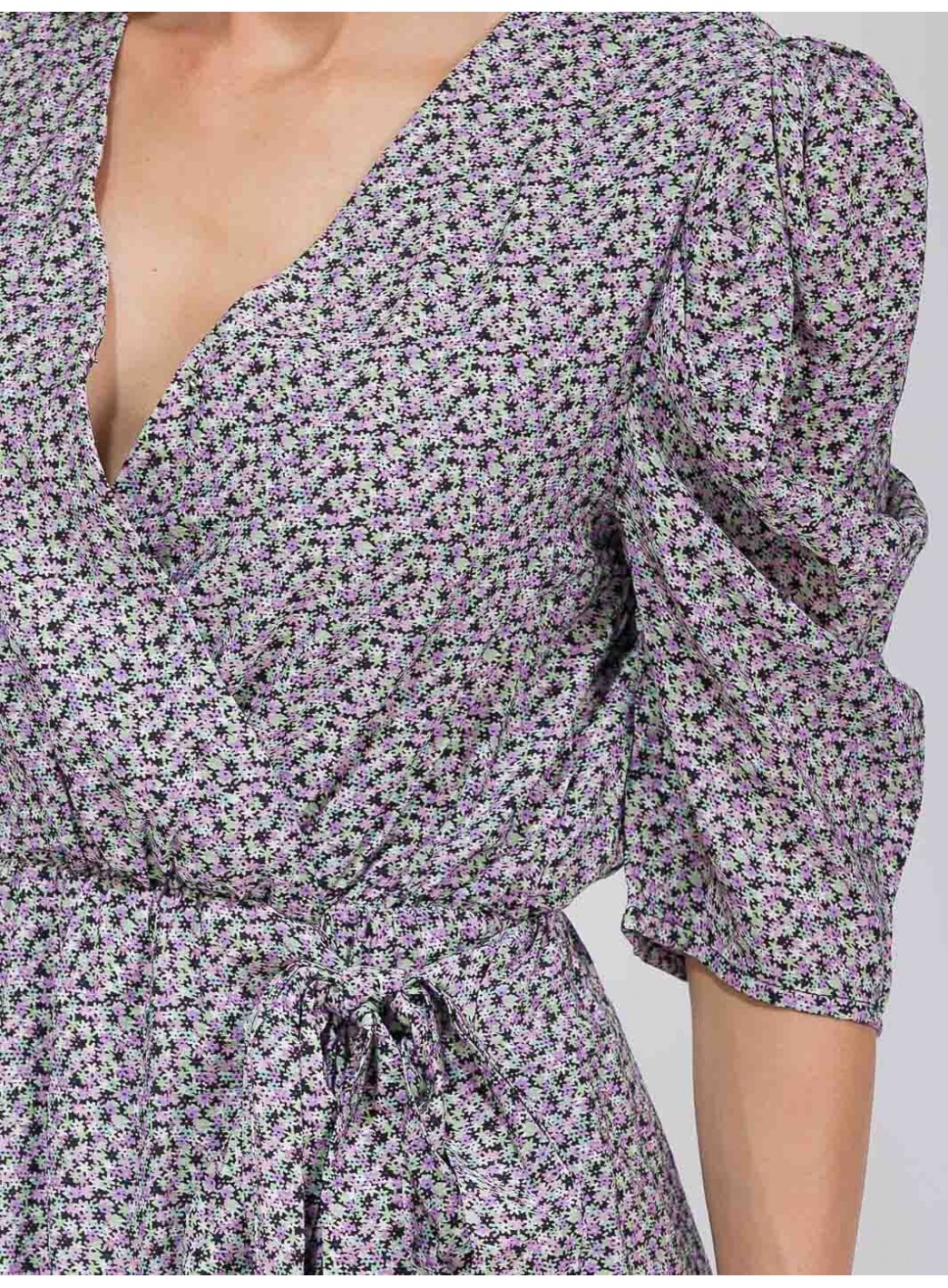 WOMEN'S SHORT SLEEVE SURPLICE SELF TIE FLORAL MIDI DRESS